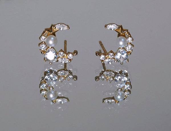 9K Gold Earring with Natural Pearl Cubic Zirconia, Diamond Moon Earrings, Gift for Her, Christmas / New Year Gift, Thanksgiving Gift