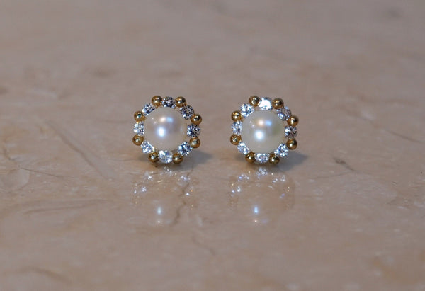 9K Gold Diamond Pearl Earrings, Gorgeous Cubic Zirconia Stud, Flower Earrings, New Year Gift, Christmas Gift, Thanksgiving  Gift