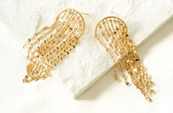 18K Yellow Gold Tassel Earrings, 18K White Gold Tassel Earrings, Solid Gold Long Threader Earrings, 18K Chain Earrings, Christmas Gift