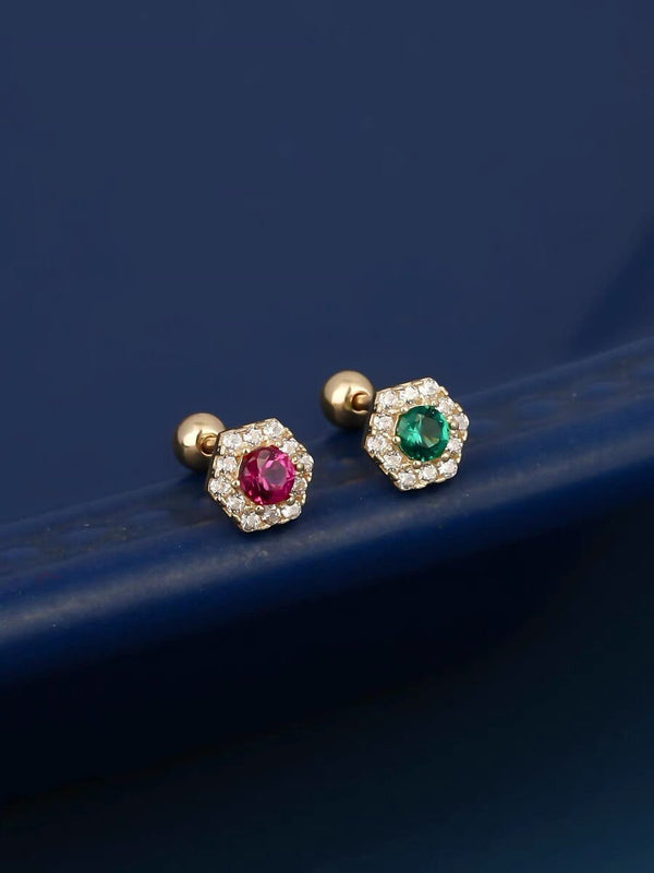 14K Real Gold Stud Earrings, Sparkling Pink / Green Cubic Zirconia Earrings with Screw Backs, Gift for Her, Christmas Gift, New Year Gift