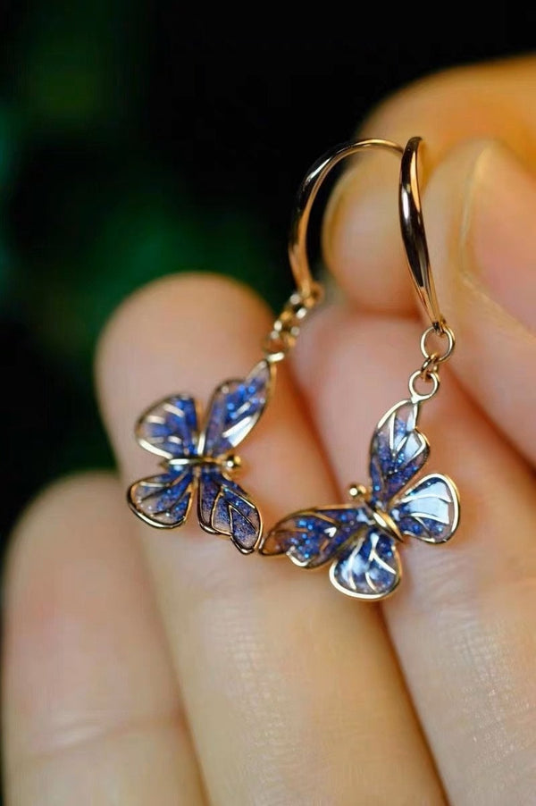 18K Real Gold Butterfly Earrings, Vintage Blue Butterfly Earrings, Christmas Gift for Her, New Year Gift, Thanksgiving Gift
