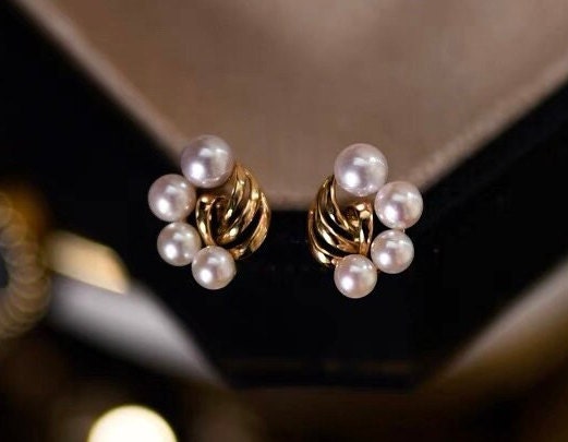 18K Solid Gold Pearl Earrings, Yellow Gold Pearl studs, Wedding Bridal Gold studs, Cocktail Party studs, Valentines Gift